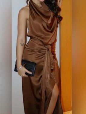 NWT Zara Satin Cowl Neck Brown Evening Dress with Side Drape